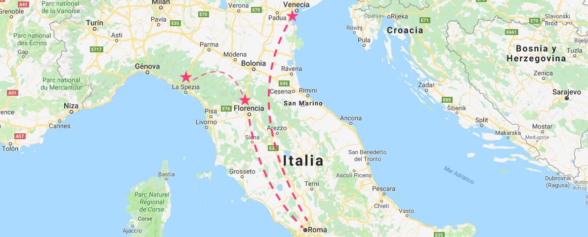 Mapa del Norte de Italia con los principales destinos de las excursiones desde Roma: Venecia, Florencia y Cinque Terre.