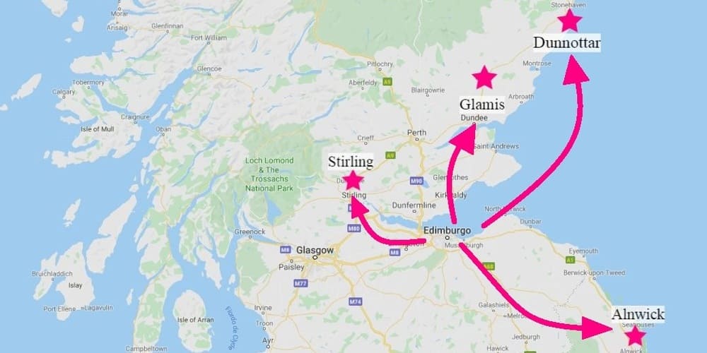 Mapa de las visitas a los castillos escoceses que podrás hacer desde Edimburgo.