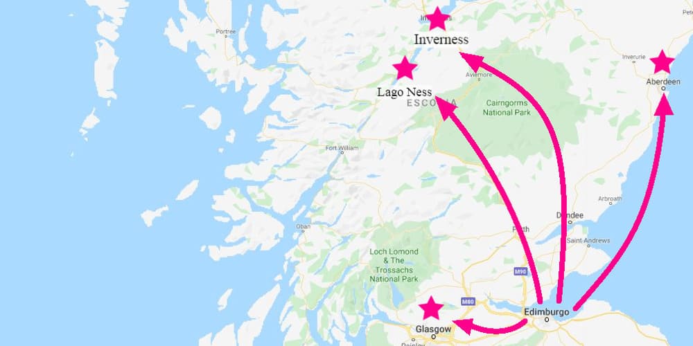 Mapa de las excursiones desde Edimburgo más habituales