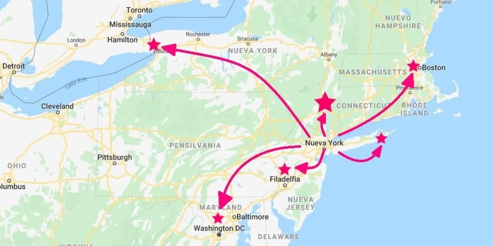 Mapa de las excursiones desde Nueva York por Estados Unidos.
