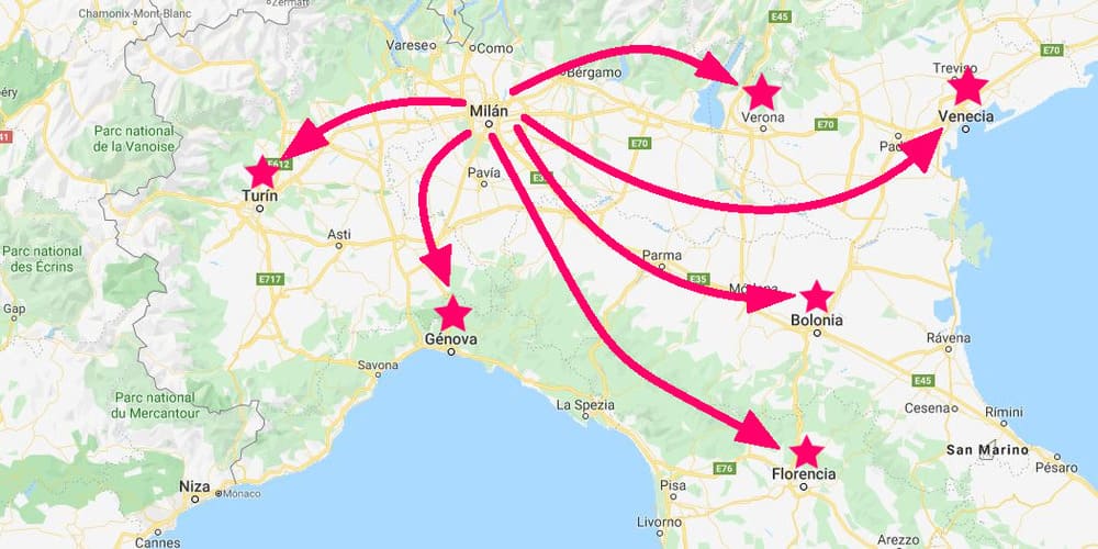 Mapa de las excursiones desde Milán a otras ciudades italianas.