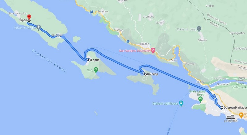 Mapa sobre cómo llegar a las Islas Elafiti desde Dubrovnik